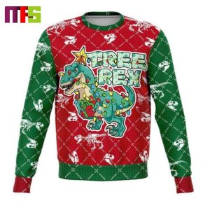Tree Rex On Red Background Funny Christmas Ugly Sweater 2023