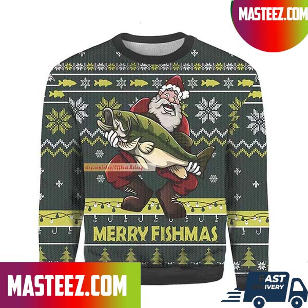 Funny Merry Fishmas Santa With Fish Ugly Sweater - Masteez