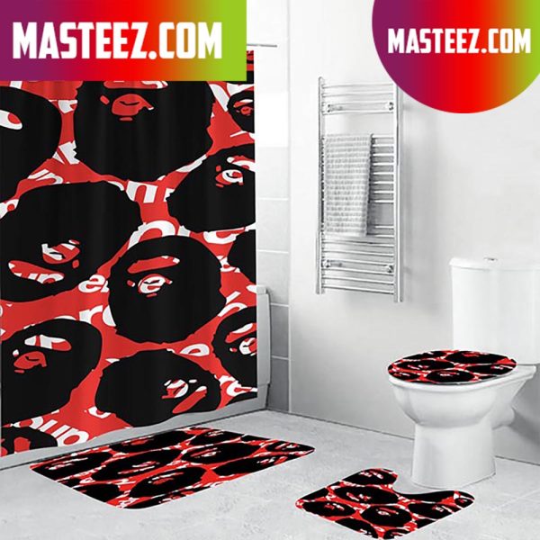 Bape Signature Ape Pattern In Red Supreme Background Bathroom Set