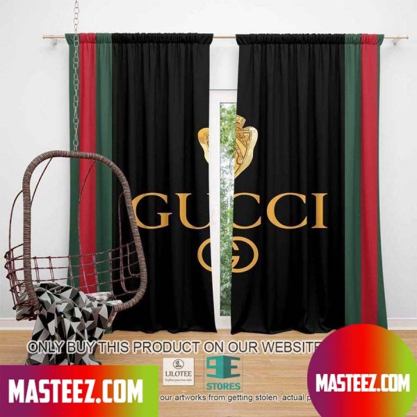 Gucci Gold Logo Red Green Line Pattern Black Windown Curtain