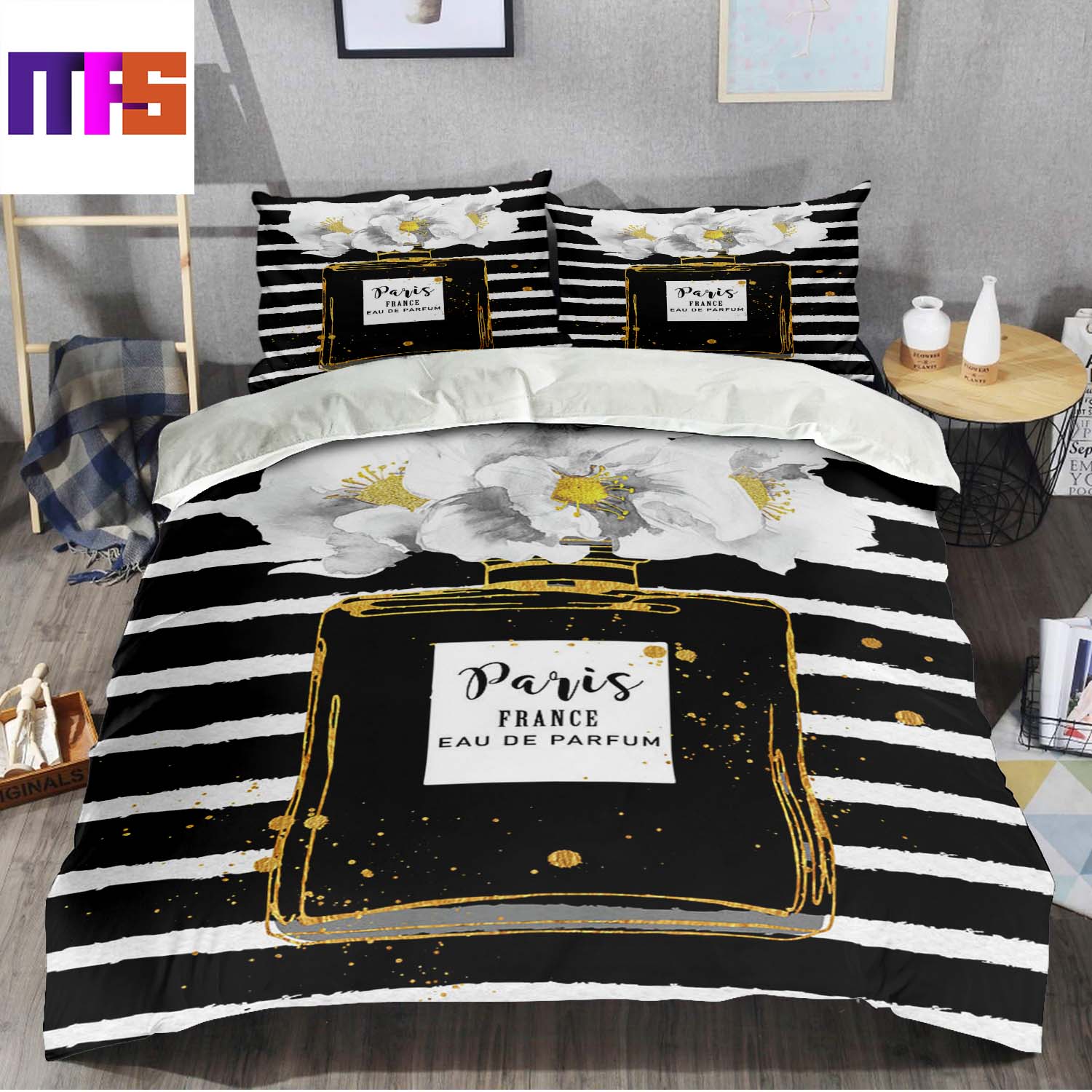 Best Chanel No.5 Black Perfume Bottle With White Flowers In Black And White  Stripes Background Queen Bedding Set - Masteez