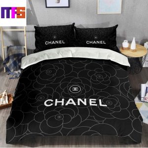 Best Chanel White Signature Flower In Black Background Queen Bedding Set