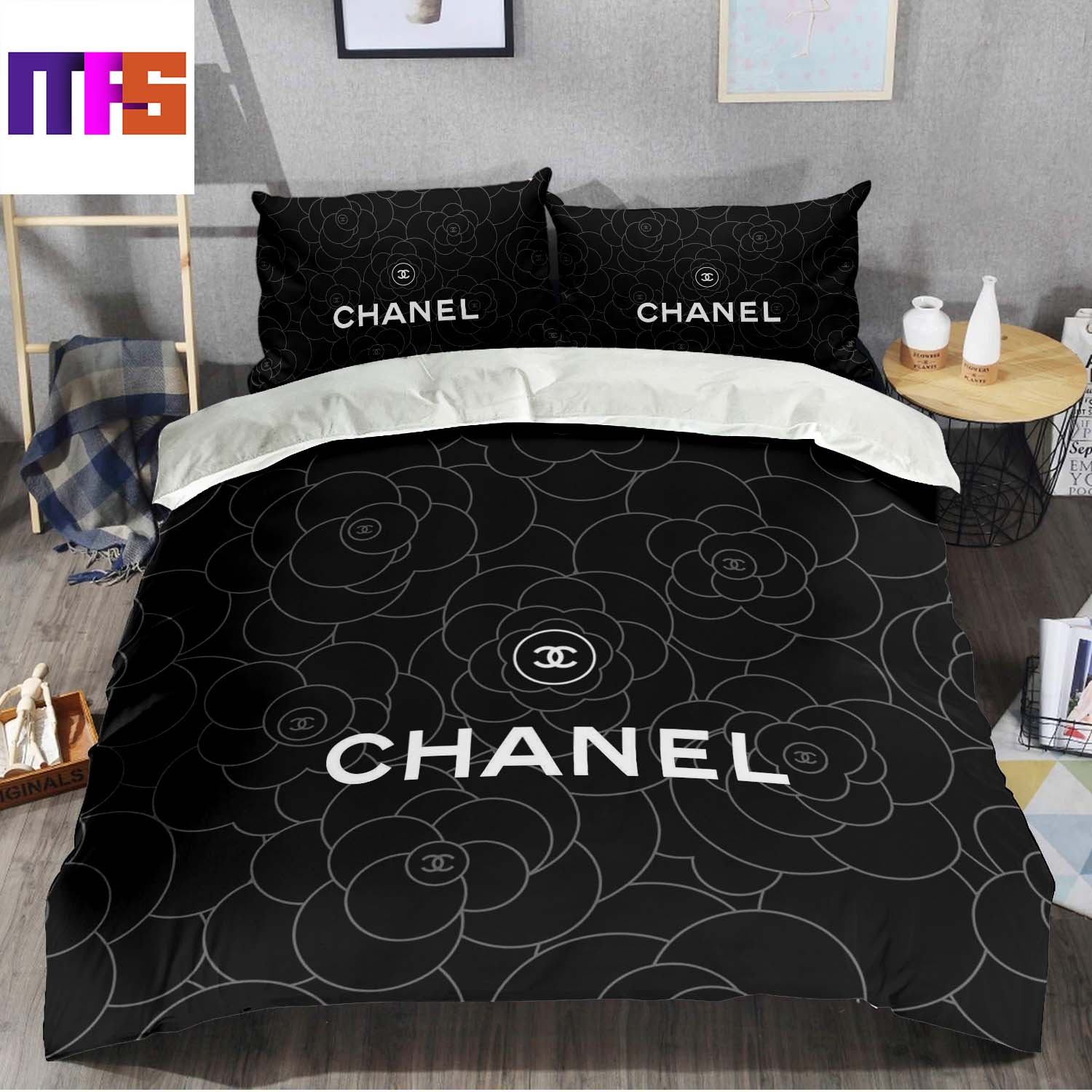 Best Chanel White Signature Flower In Black Background Queen Bedding Set -  Masteez