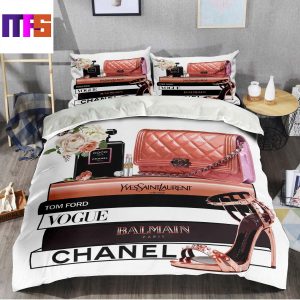 Chanel All Fashion Book Stack With Perfume And Purse In White Background Bedding Set Queen
