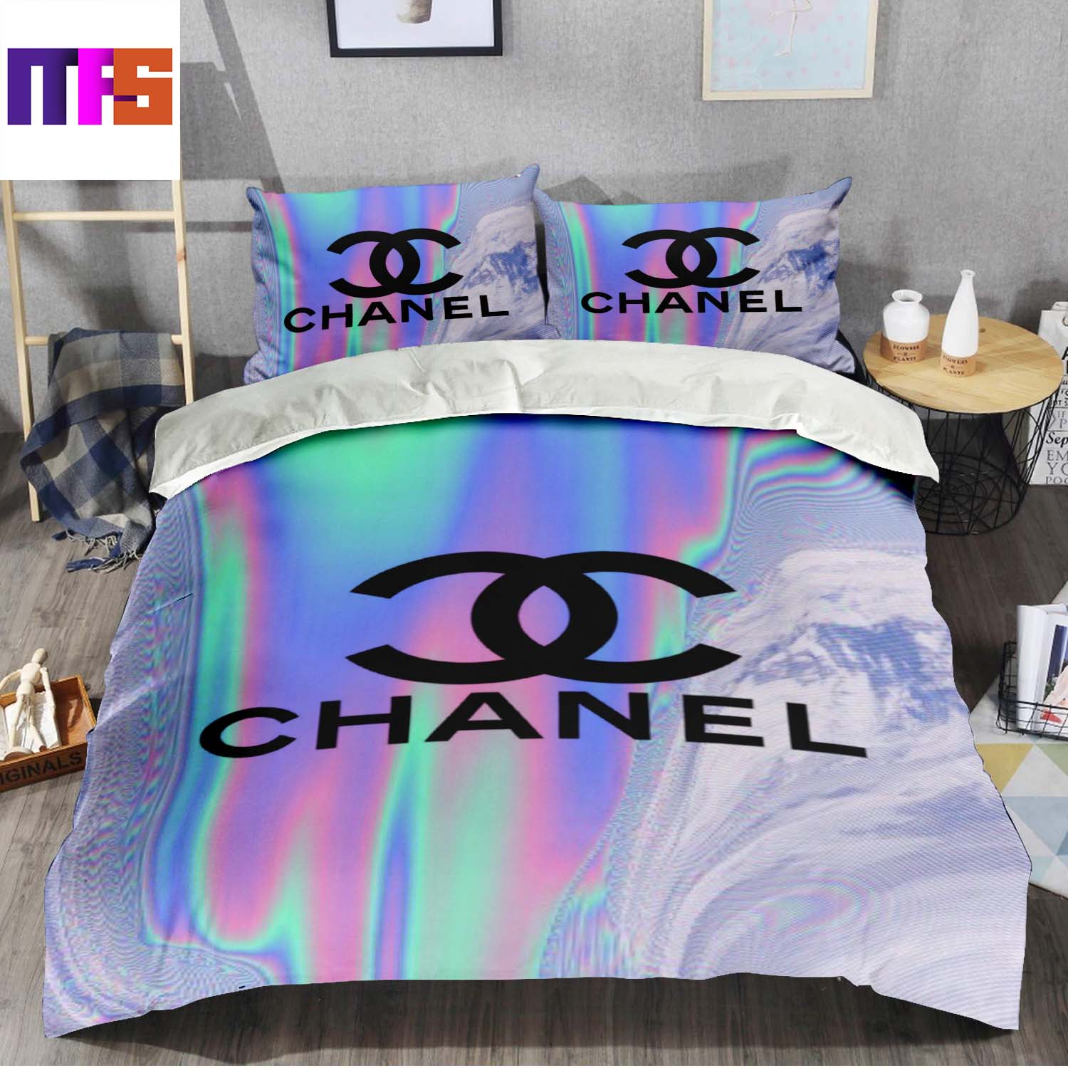 Chanel Big Signature Logo In Colorful Hologram Background Effect Bedding  Set Queen - Masteez