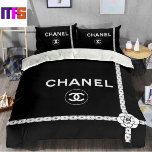 Chanel Big Signature Logo With White Monogram Stripes Ribbon In Basic Black Background Bedding Set Queen