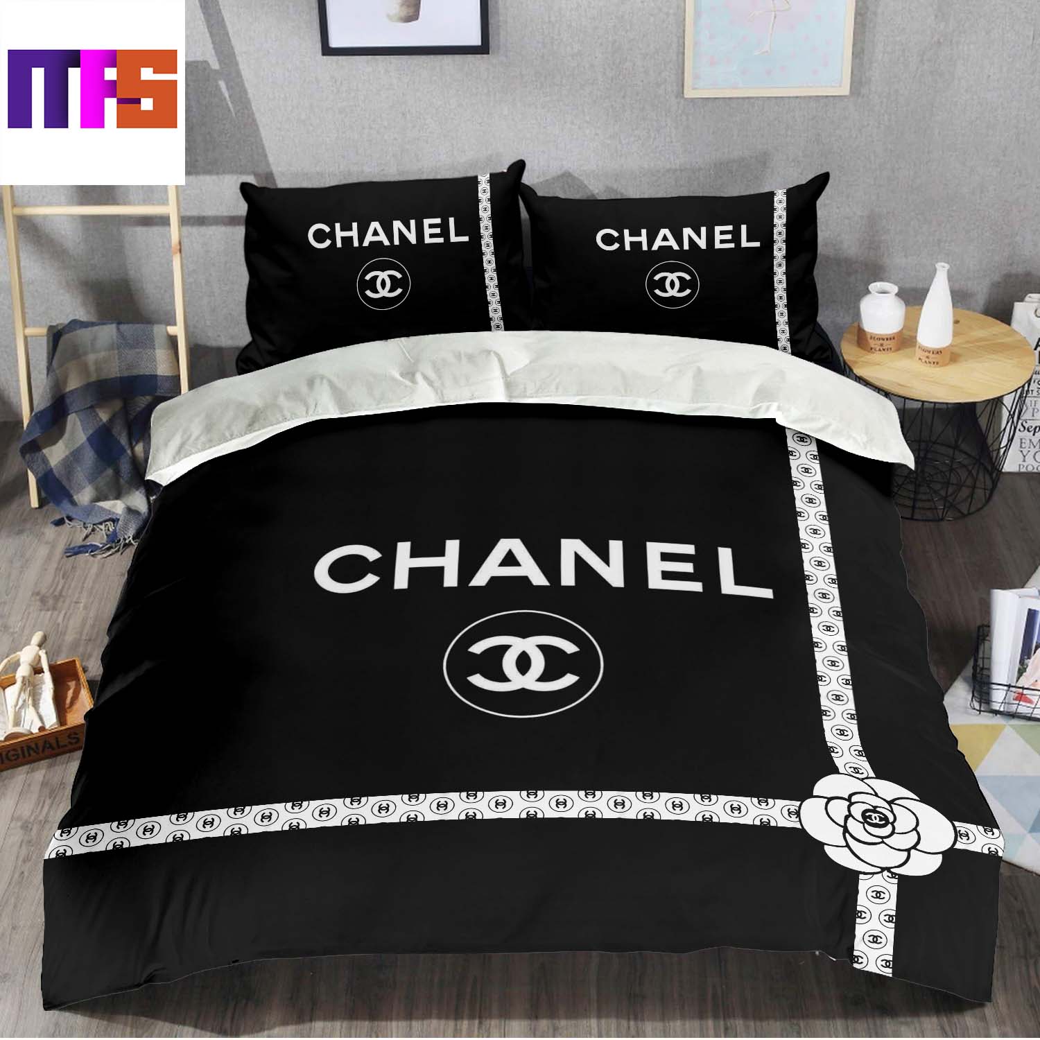 Chanel Big Signature Logo With White Monogram Stripes Ribbon In Basic Black  Background Bedding Set Queen - Masteez