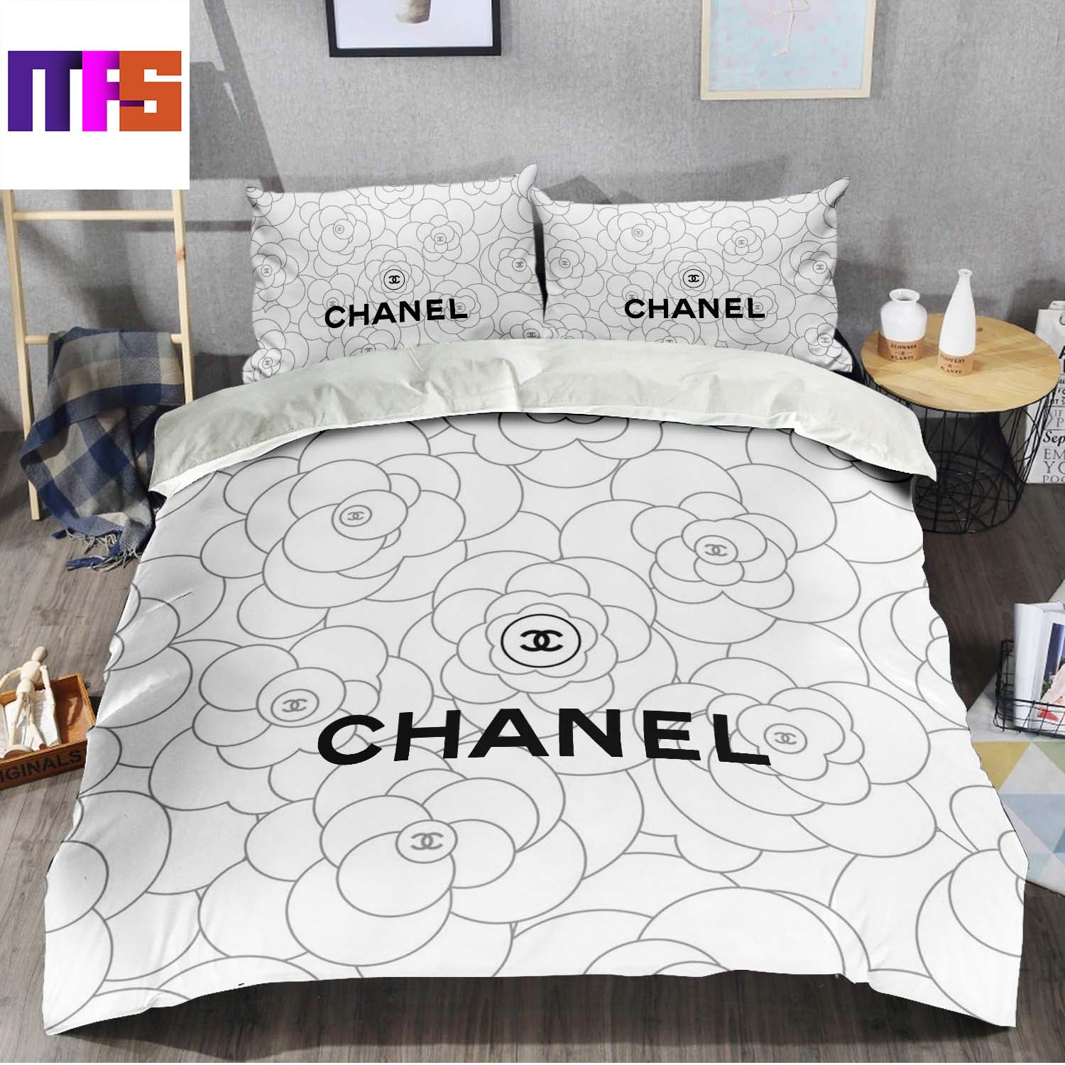 Chanel Black Signature Flower In White Background Bedding Set
