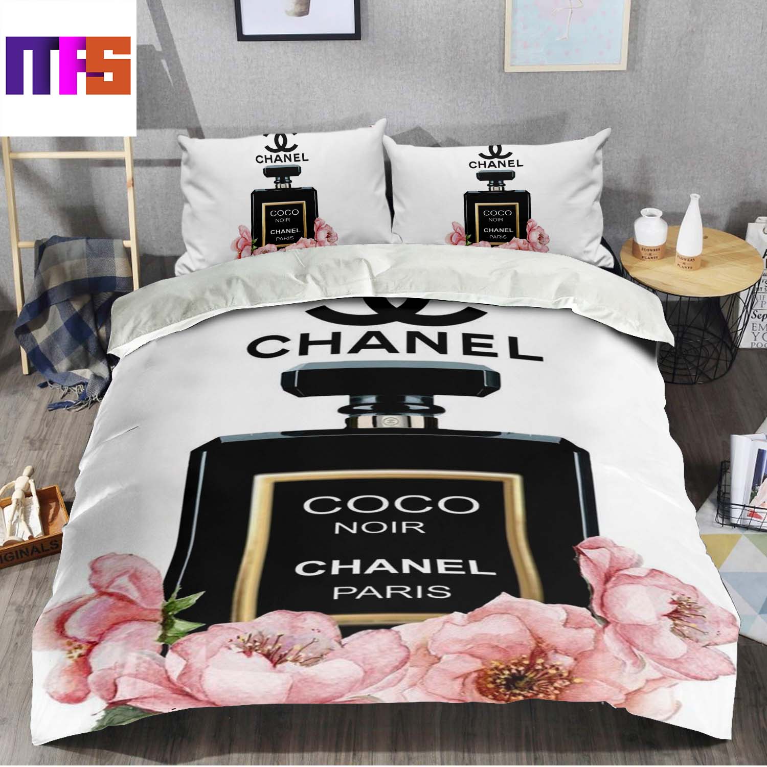Coco Chanel Paris No.5 Black Perfume With Pink Flowers In White Background Bedding  Set Queen - Masteez