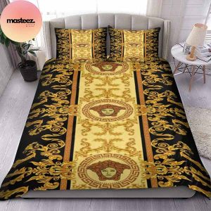 Versace Golden Logo Luxury Black Background King Bedding Set