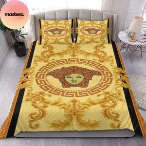 Versace Golden Logo With Golden Flames King Bedding Set