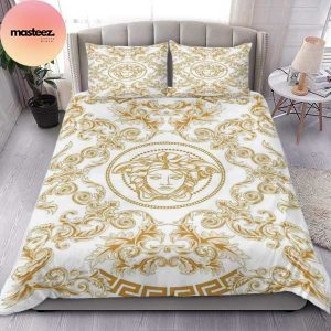 Versace Golden Logo With White Luxury King Bedding Set Versace Golden Logo With White Luxury King Bedding Set