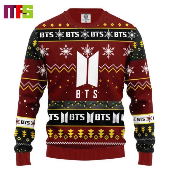 BTS Logo On Red And Brown Background Christmas Ugly Sweater 2023