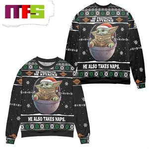 Baby Yoda He Protects He Attacks He Also Takes Naps Snowflake Pattern Cute Funny Best For 2023 Holiday Christmas Ugly Sweater