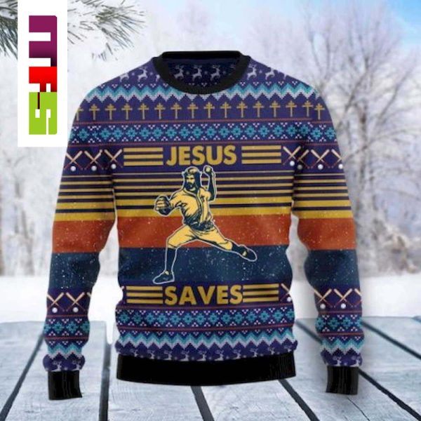 Baseball Jesus Save Funny Sweater Ugly Christmas 2023