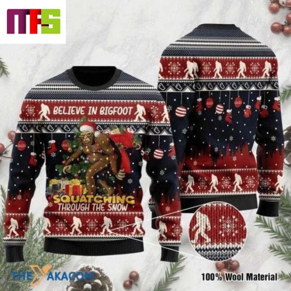 Believe In Bigfoot Squatching Through The Snow Christmas Ugly Sweater 2023