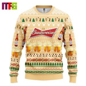 Budweiser Beer Logo On Yellow Background Christmas Ugly Sweater 2023