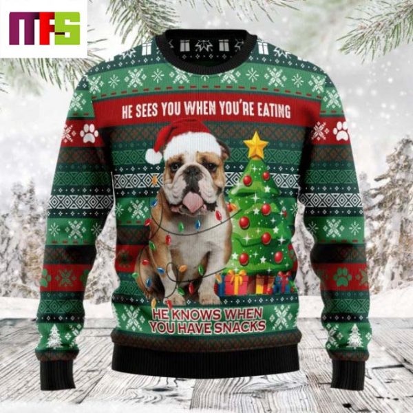 Bulldog He Sees When You Are Eating Snacks Christmas Ugly Sweater 2023