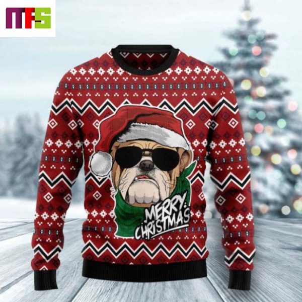 Bulldog With Sun Glasses Merry Christmas Ugly Sweater 2023