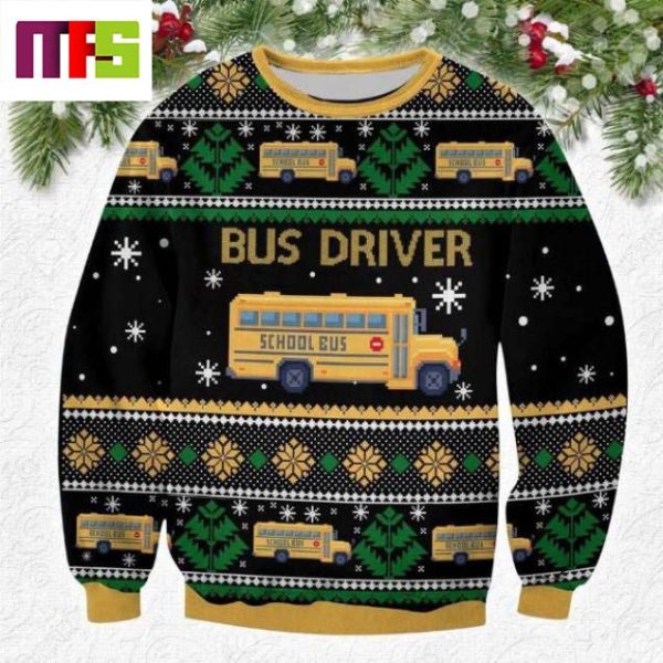 Bus Driver Cartoon Car In Snow Background  Christmas Ugly Sweater 2023