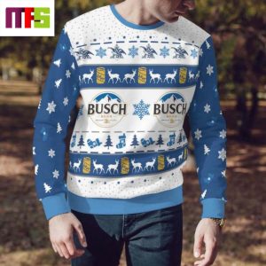 Busch Light Beer On White And Blue Background Christmas Ugly Sweater 2023
