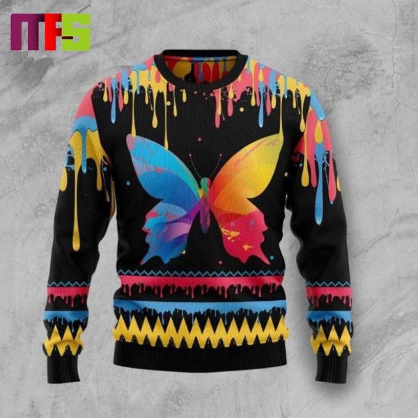 Butterfly Colorful Yellow And Blue Christmas Ugly Sweater 2023