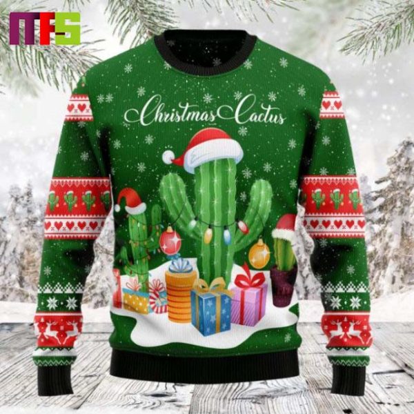 Cactus With Neon Lights On Green Background Christmas Ugly Sweater 2023