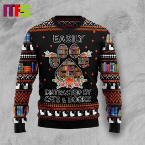 Cat And Books Christmas Ugly Sweater 2023
