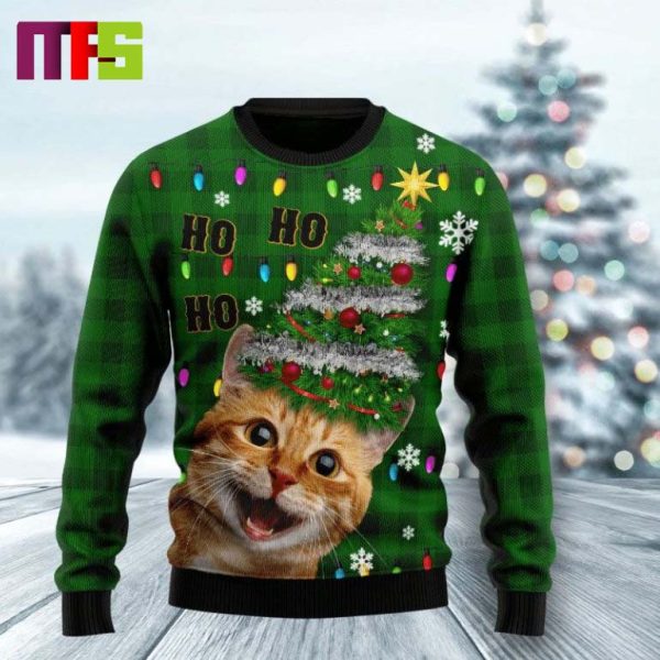 Cat Christmas Tree Hat Funny Christmas Ugly Sweater 2023
