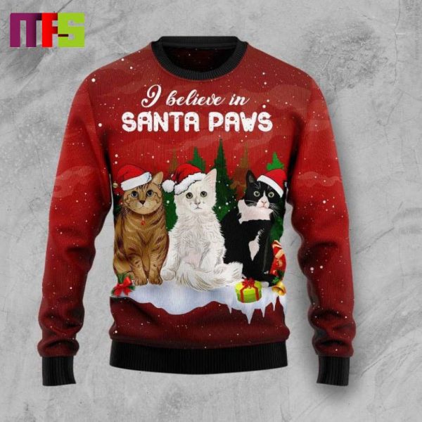 Cat I Believe In Santa Paws Funny Christmas Ugly Sweater 2023