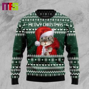 Cat Santa On Green Background Christmas Ugly Sweater 2023