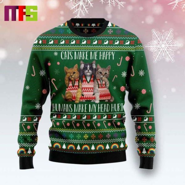 Cats Make Me Happy On Green Background Christmas Sweater 2023