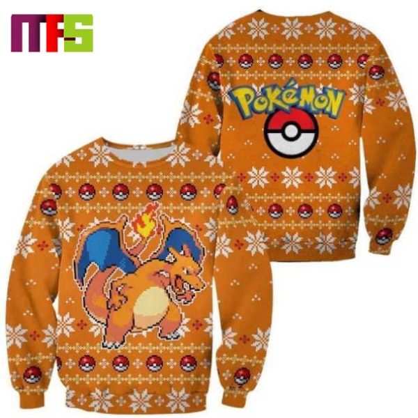 Charizard In Pokemon Anime On Orange Background Christmas Ugly Sweater 2023