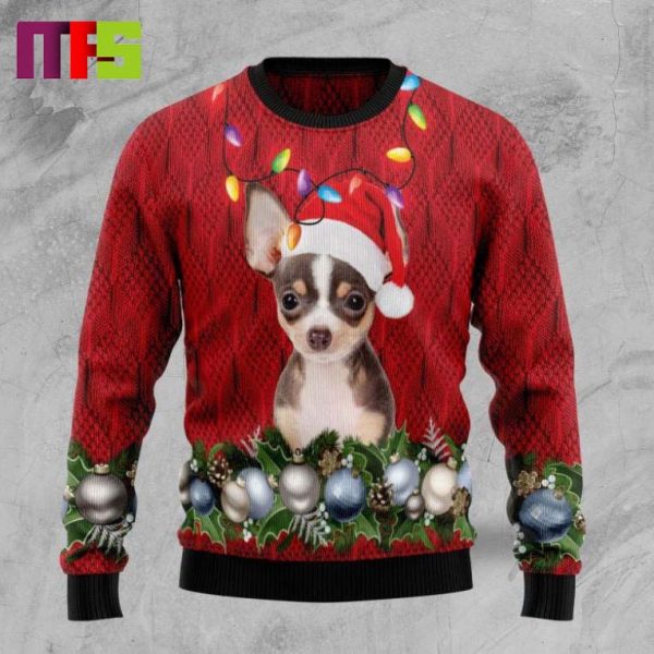 Chihuahua With Santa Hat On Red Background Christmas Ugly Sweater 2023