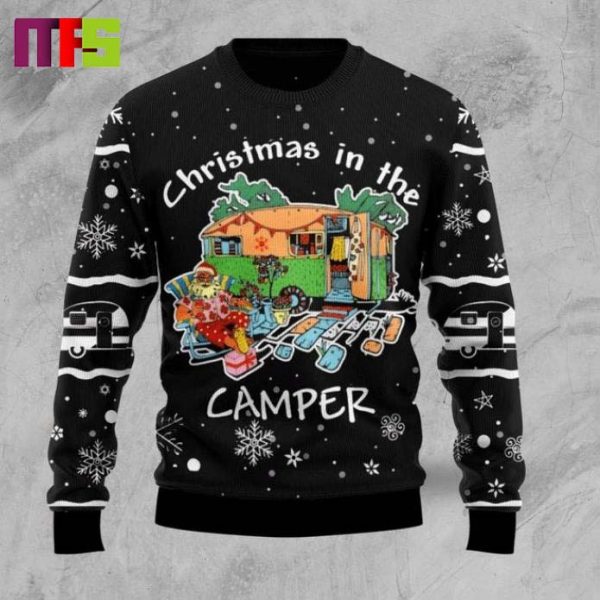 Christmas In The Camper On Black Background Xmas Ugly Sweater 2023