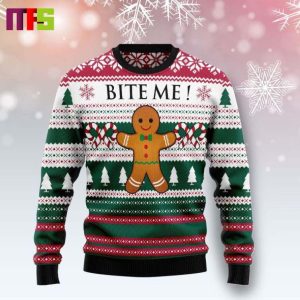 Cookies Bite Me In Green Background Funny Christmas Ugly Sweater 2023