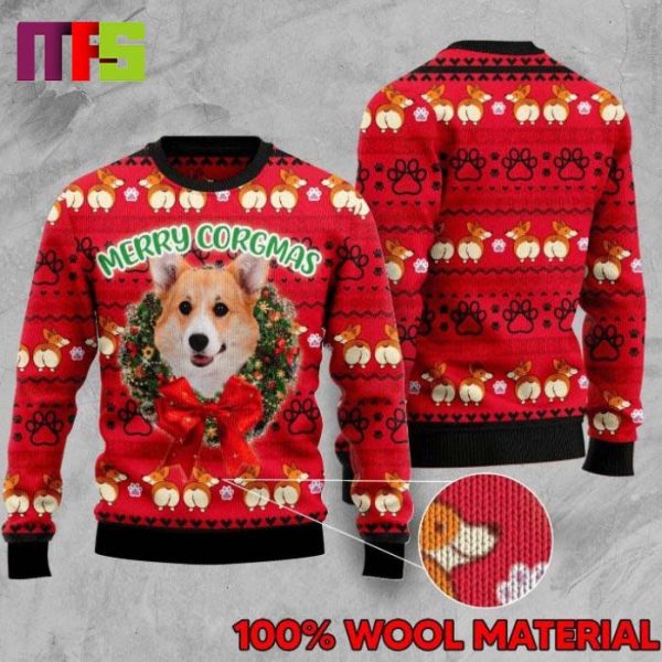 Corgi Merry Corgmas On Red Background Funny Christmas Ugly Sweater 2023