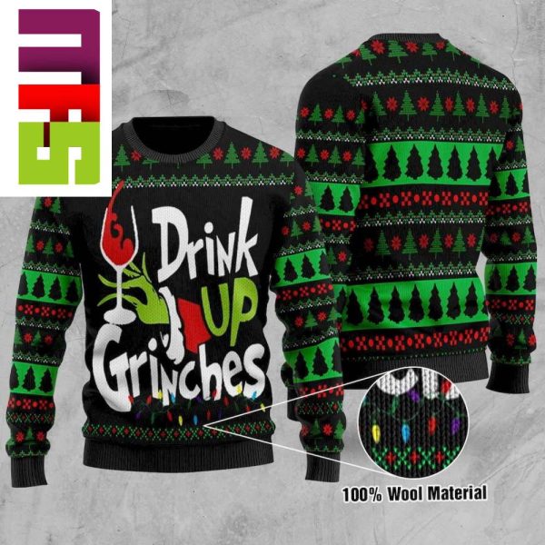 Drink Up Grinches On Pinetree Christmas Ugly Sweater 2023