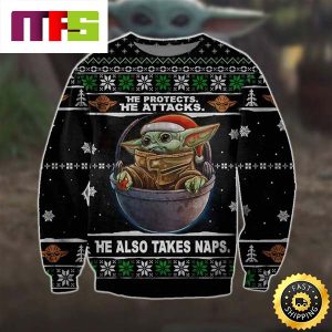 He Protects He Attacks He Also Takes Naps Baby Yoda Cute Funny Best For 2023 Holiday Christmas Ugly Sweater