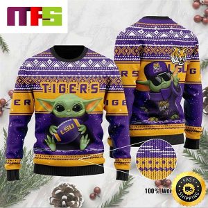 LSU Tigers Grogu Baby Yoda Hug Logo Cute Funny Best For 2023 Holiday Christmas Ugly Sweater