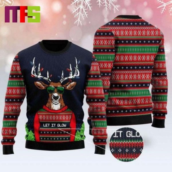 Let It Glow Reindeer On Dark Background Christmas Ugly Sweater 2023