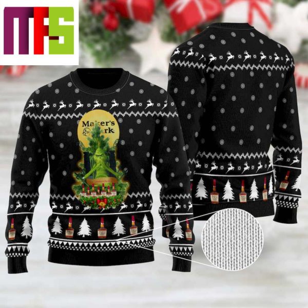 Maker’s Mark Grinch Snow On Black Background Christmas Ugly Sweater 2023
