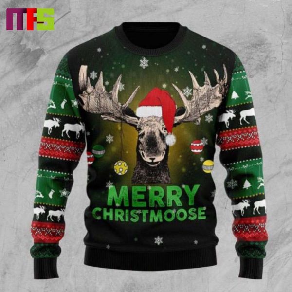 Merry Christmoose In Green Background Xmas Ugly Sweater 2023