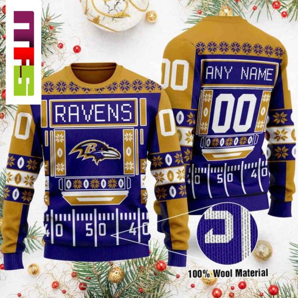NFL Baltimore Ravens On Purple And Yellow Background Christmas Ugly Sweater 2023