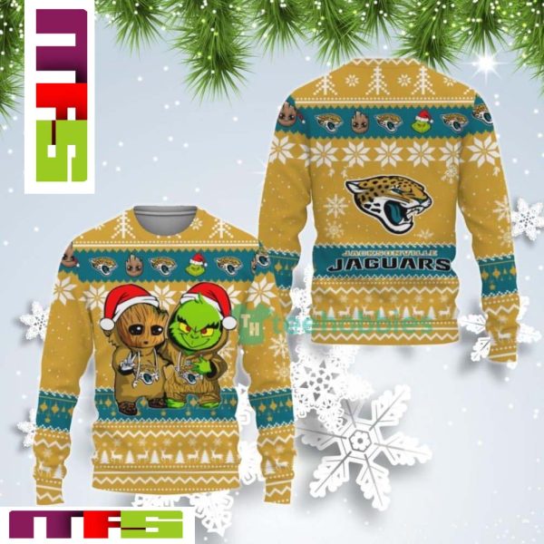 NFL Jacksonville Jaguars Baby Groot And Grinch Best Friends Ugly Christmas Sweater