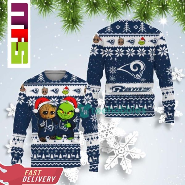 NFL Los Angeles Rams Baby Groot And Grinch Best Friends Christmas Ugly Sweater 2023