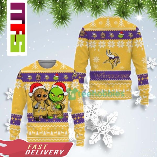 NFL Minnesota Vikings Baby Groot And Grinch Best Friends Christmas Ugly Sweater 2023