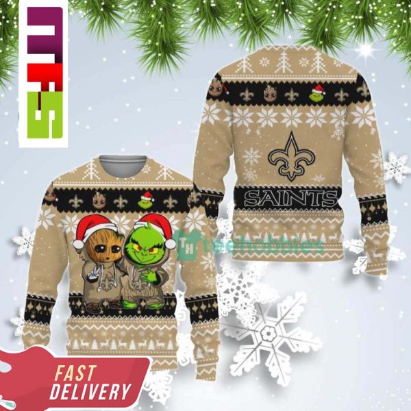 NFL New Orleans Saints Baby Groot And Grinch Best Friends Christmas Ugly Sweater 2023