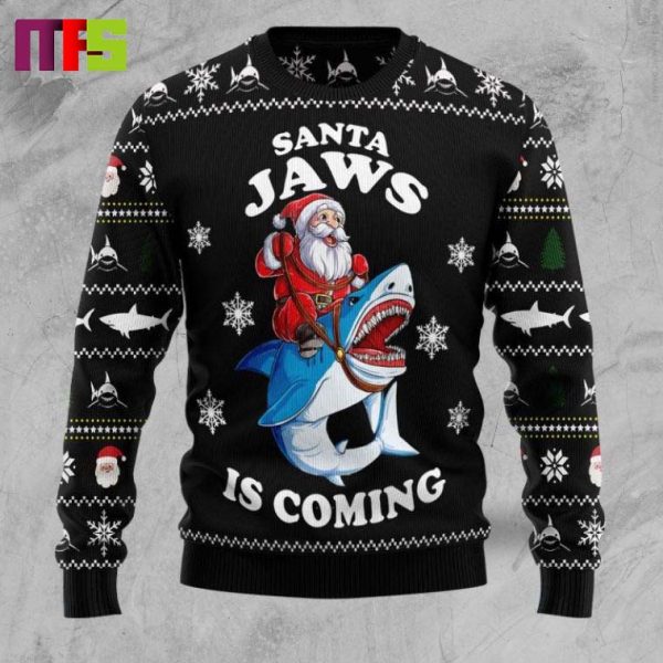 Santa Jaws Is Coming On Black Background Christmas Ugly Sweater 2023