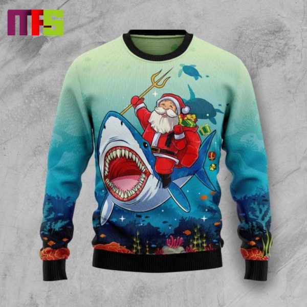 Santa Shark Under Ocean Christmas Ugly Sweater 2023